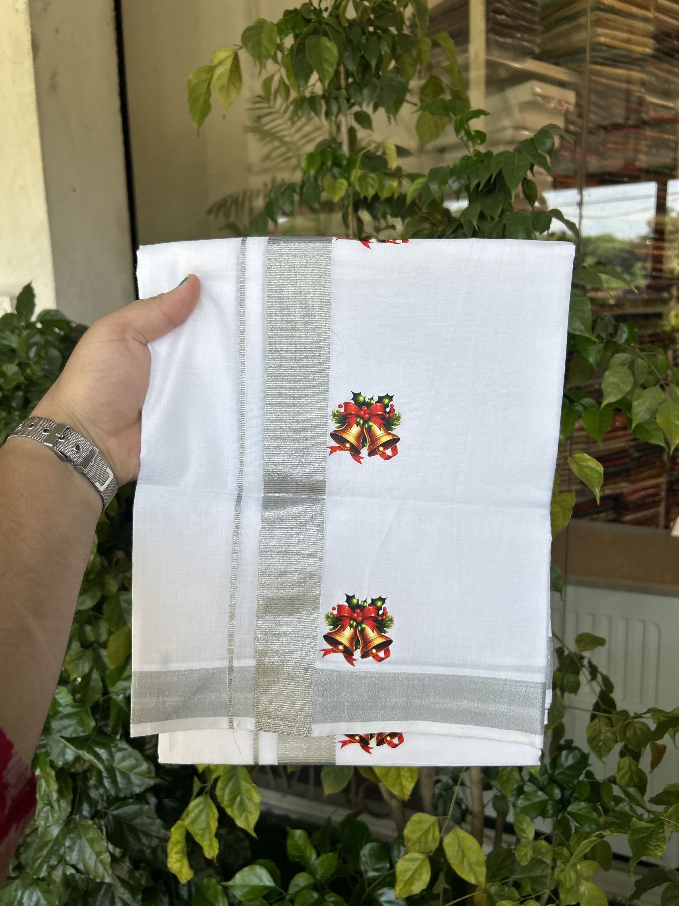 Christmas Special - 35% Discount ! KaithariKada Balaramapuram - Double Pure white Mundu/Dhoti- 60s - 50% Cotton & 50% Polyester - 1.5 inch Silver Kasav Jingle Bell Printed Kara - 3.70 mtr (8 muzham) - 73 KK5329 GAN