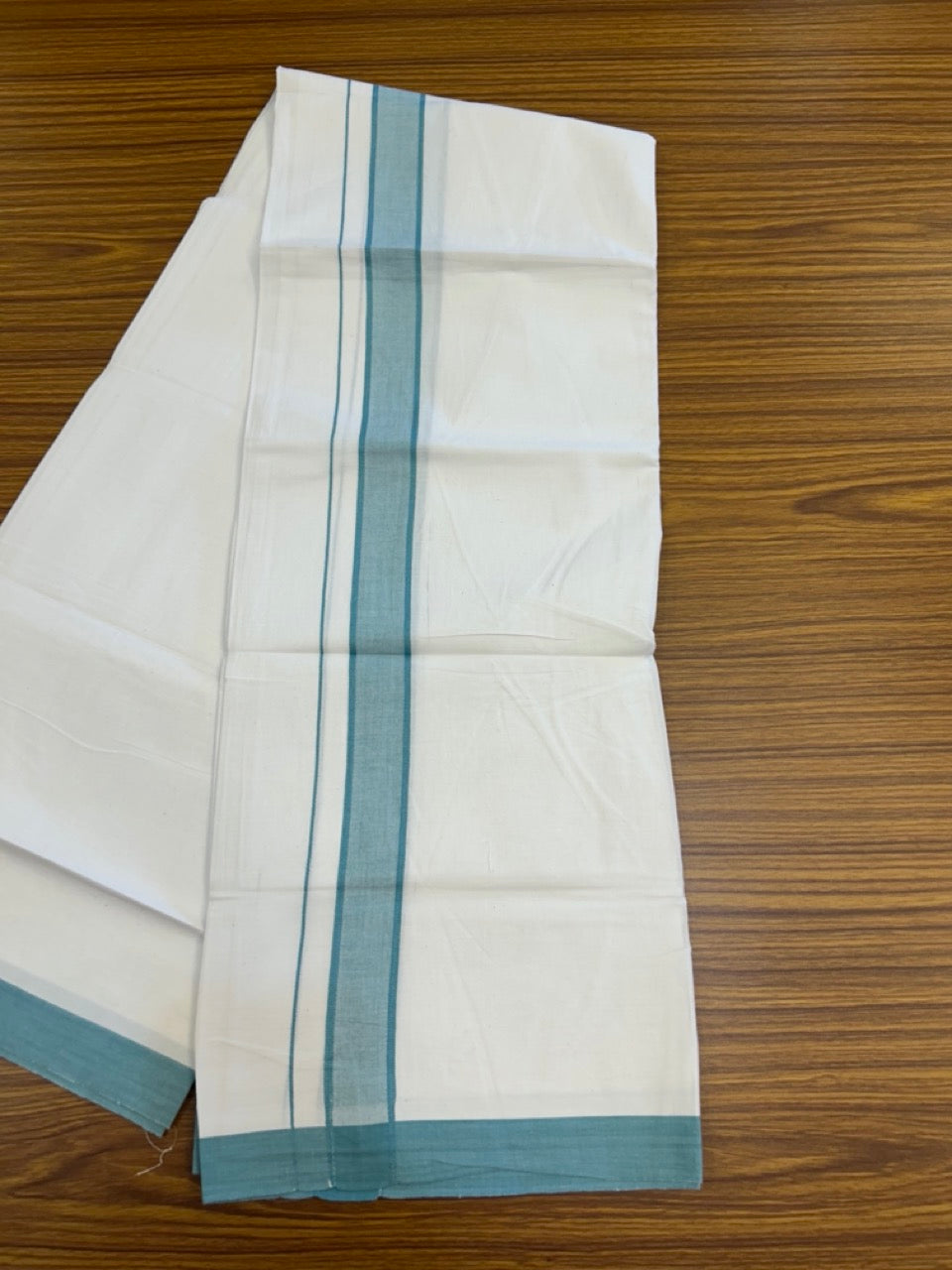 KaithariKada Balaramapuram 100% Cotton Single Pure White Mundu/Dhoti - 100X80 - 1.5 inch Light Teal Blue  Shaded Stripes kara 2 mtr (4 muzham) - 2 KK5294 THI