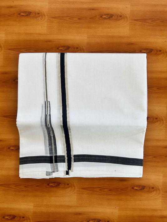 Double Pure White 25% Discount ! KaithariKada Handloom Millpaav - Kerala Handloom - 100% Pure Cotton - 80x90 - 0.5 Inch Puliyilakkara Silver Kasav & Black Chutty Kara 3.90 mtr (8.36 Muzham) - 28 KK5496 YAR