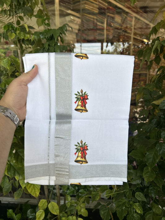 Christmas Special - 35% Discount ! KaithariKada Balaramapuram - Double Pure white Mundu/Dhoti- 60s - 50% Cotton & 50% Polyester - 1.5 inch Silver Kasav Jingle Bell Printed Kara - 3.70 mtr (8 muzham) - 72 KK5329 GAN