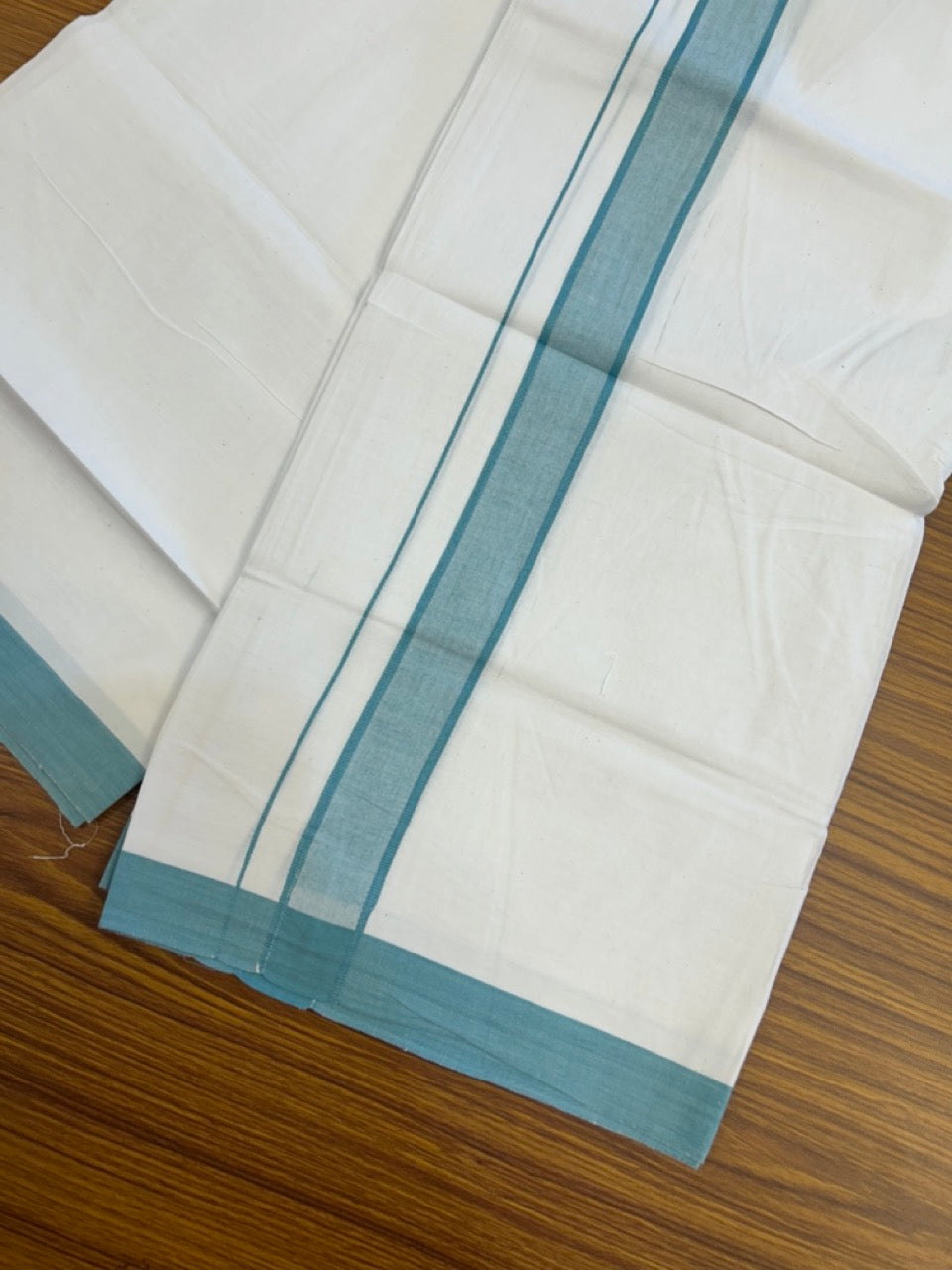 KaithariKada Balaramapuram 100% Cotton Single Pure White Mundu/Dhoti - 100X80 - 1.5 inch Light Teal Blue  Shaded Stripes kara 2 mtr (4 muzham) - 2 KK5294 THI