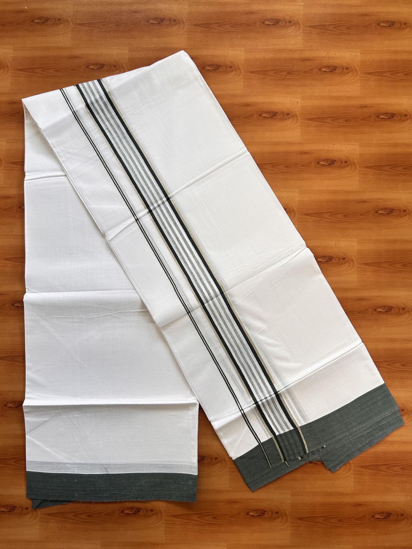 Pure White Double Mundu/Dhoti - 20% Discount ! Kaitharikada Balaramapuram 100% Cotton - 100x80 - 1.75 inch Silver Kasav & Rifle Green Shaded Striped Kara 3.90 m (8 muzham) - 36 KK5432 PMC