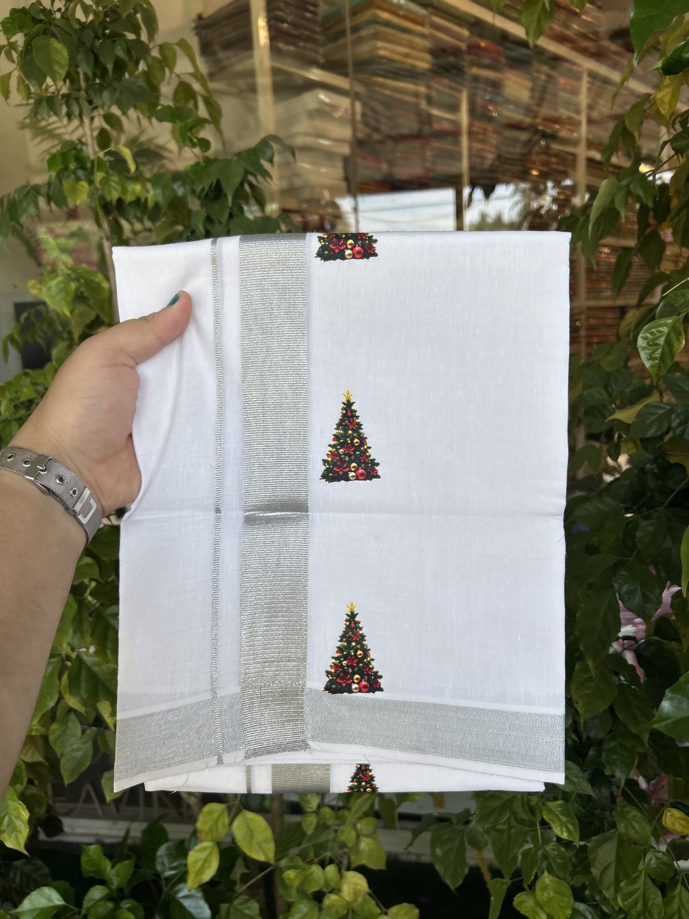 Christmas Special - 35% Discount ! KaithariKada Balaramapuram - Double Pure white Mundu/Dhoti- 60s - 50% Cotton & 50% Polyester - 1.5 inch Silver Kasav Christmas tree Printed Kara - 3.70 mtr (8 muzham) - 65 KK5329 GAN