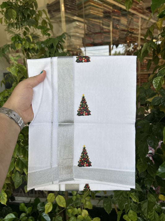 Christmas Special - 35% Discount ! KaithariKada Balaramapuram - Double Pure white Mundu/Dhoti- 60s - 50% Cotton & 50% Polyester - 1.5 inch Silver Kasav Christmas tree Printed Kara - 3.70 mtr (8 muzham) - 65 KK5329 GAN