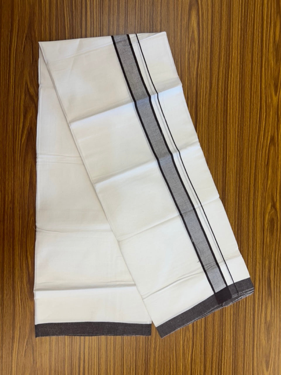 KaithariKada Balaramapuram 100% Cotton Single Pure White Mundu/Dhoti - 100X80 - 1.5 inch Brown Shaded Stripes kara 2 mtr (4 muzham) - 1 KK5294 THI