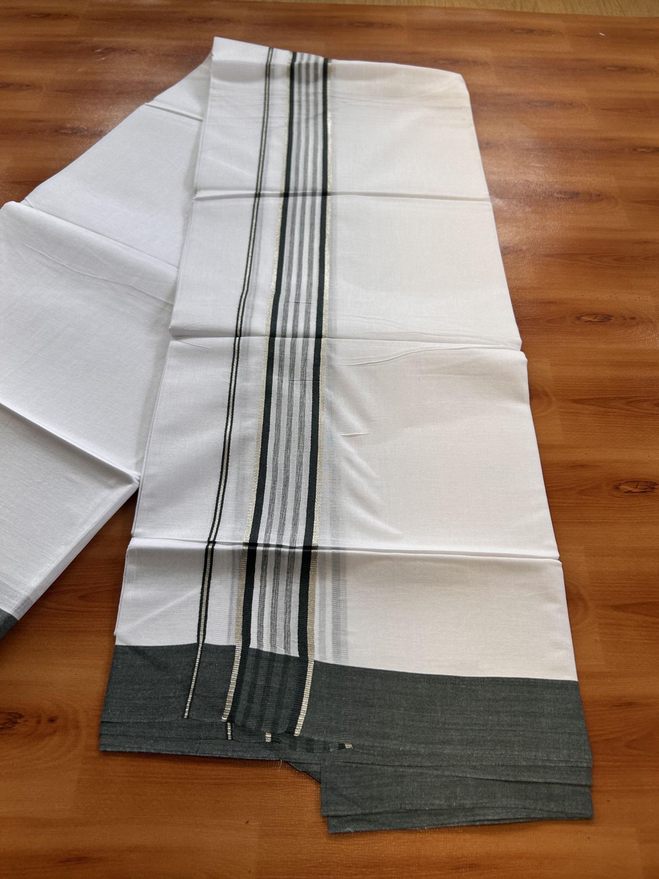 Pure White Double Mundu/Dhoti - 20% Discount ! Kaitharikada Balaramapuram 100% Cotton - 100x80 - 1.75 inch Silver Kasav & Rifle Green Shaded Striped Kara 3.90 m (8 muzham) - 36 KK5432 PMC