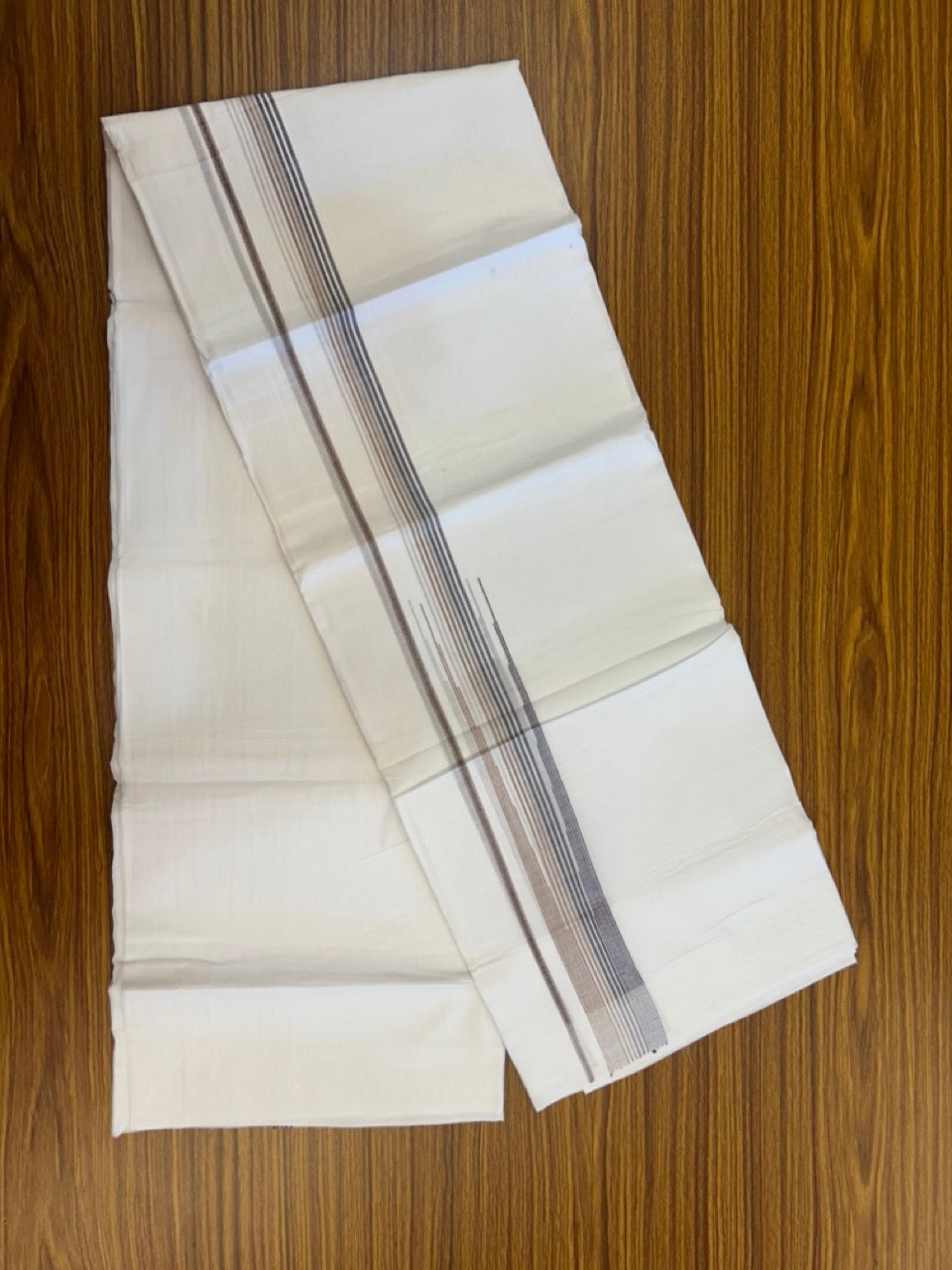 20% Discount ! Kaitharikada Balaramapuram 100% Cotton PURE WHITE Double Mundu/Dothi - 100x80 - 0.75 inch Puliyilakkara Ash Purple & Brown Shaded Striped Chutty Kara 3.90 mtr (8 muzham) - 97 KK5294 THI