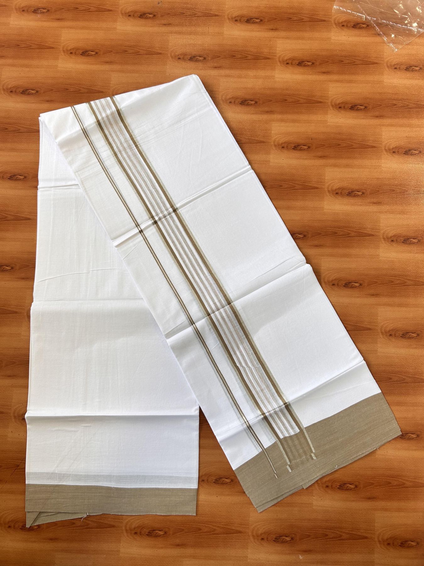 Pure White Double Mundu/Dhoti - 20% Discount ! Kaitharikada Balaramapuram 100% Cotton - 100x80 - 1.75 inch Silver Kasav & Peanut Brown Shaded Striped Kara 3.90 m (8 muzham) - 35 KK5432 PMC