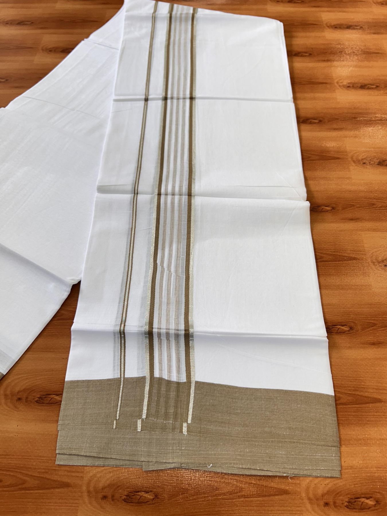 Pure White Double Mundu/Dhoti - 20% Discount ! Kaitharikada Balaramapuram 100% Cotton - 100x80 - 1.75 inch Silver Kasav & Peanut Brown Shaded Striped Kara 3.90 m (8 muzham) - 35 KK5432 PMC