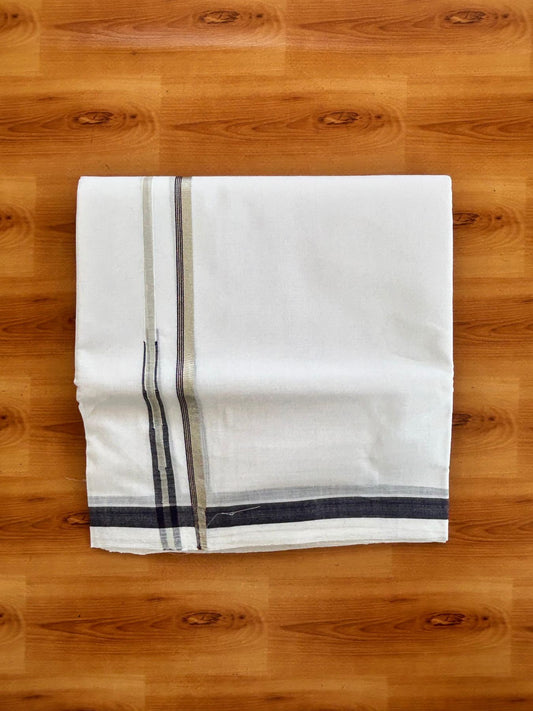 Double Pure White 25% Discount ! KaithariKada Handloom Millpaav - Kerala Handloom - 100% Pure Cotton - 80x90 - 0.5 Inch Puliyilakkara Silver Kasav & Navy Blue Chutty Kara 3.90 mtr (8.36 Muzham) - 30 KK5496 YAR