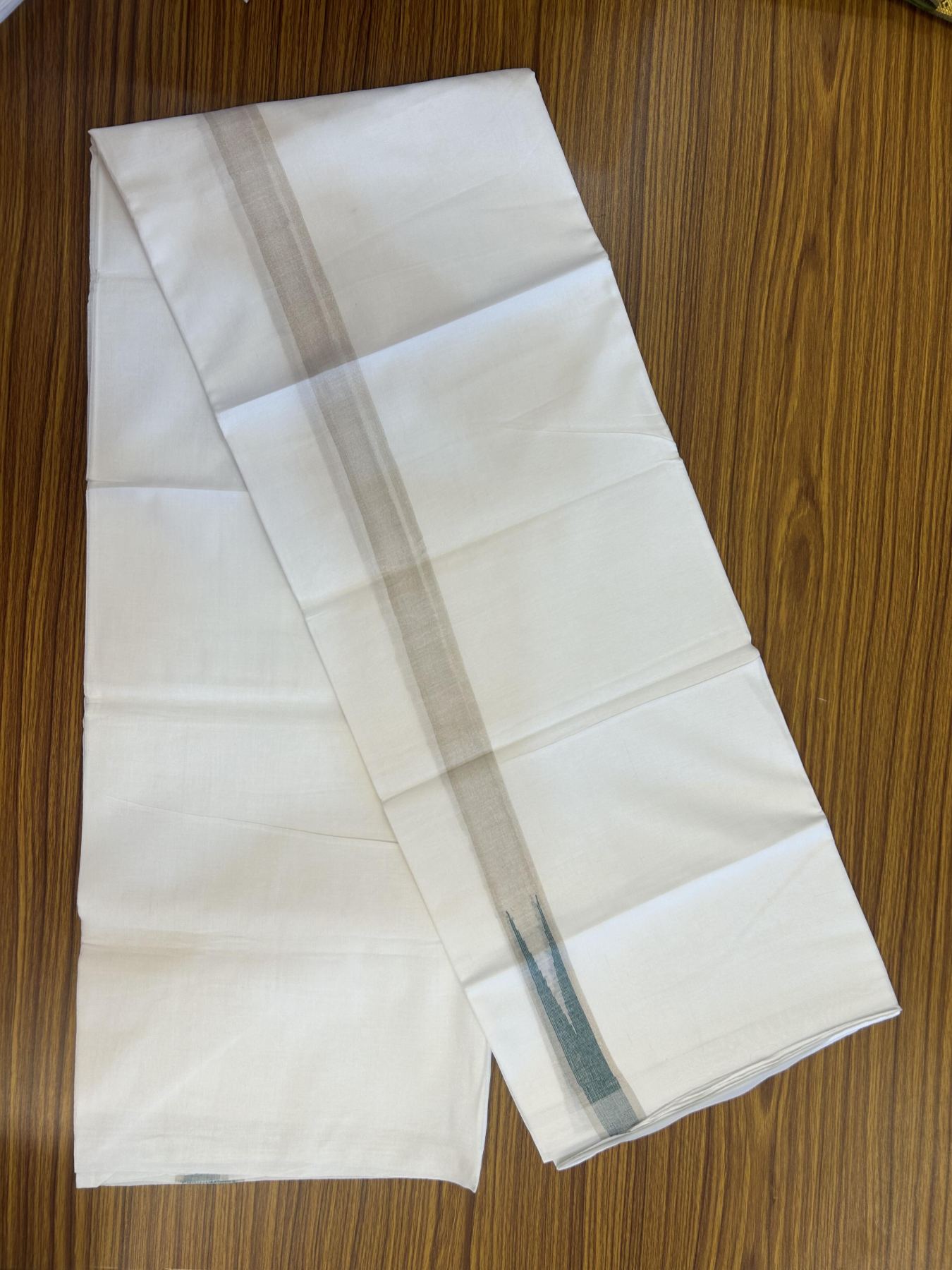 20% Discount ! Kaitharikada Balaramapuram 100% Cotton Pure White Double Mundu/Dothi - 100x80 - 1 inch Puliyilakkara Silver Kasav & Bottle Green Chutty Kara 3.90 mtr (8 muzham) - 61 KK5356 VAS