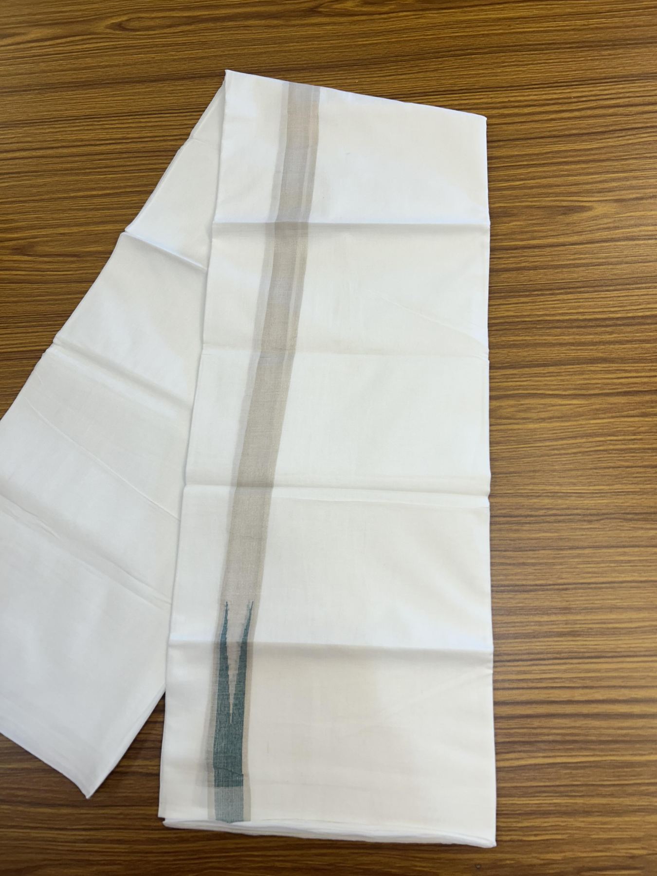 20% Discount ! Kaitharikada Balaramapuram 100% Cotton Pure White Double Mundu/Dothi - 100x80 - 1 inch Puliyilakkara Silver Kasav & Bottle Green Chutty Kara 3.90 mtr (8 muzham) - 61 KK5356 VAS
