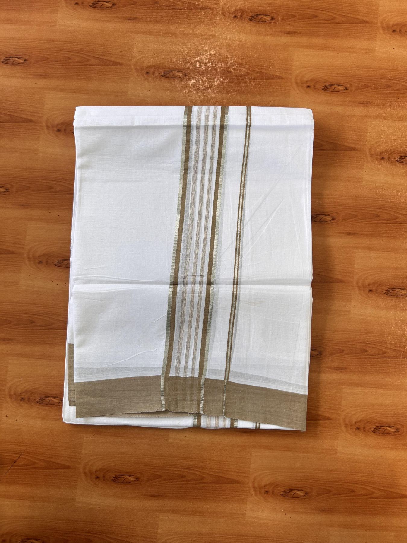 Pure White Double Mundu/Dhoti - 20% Discount ! Kaitharikada Balaramapuram 100% Cotton - 100x80 - 1.75 inch Silver Kasav & Peanut Brown Shaded Striped Kara 3.90 m (8 muzham) - 35 KK5432 PMC