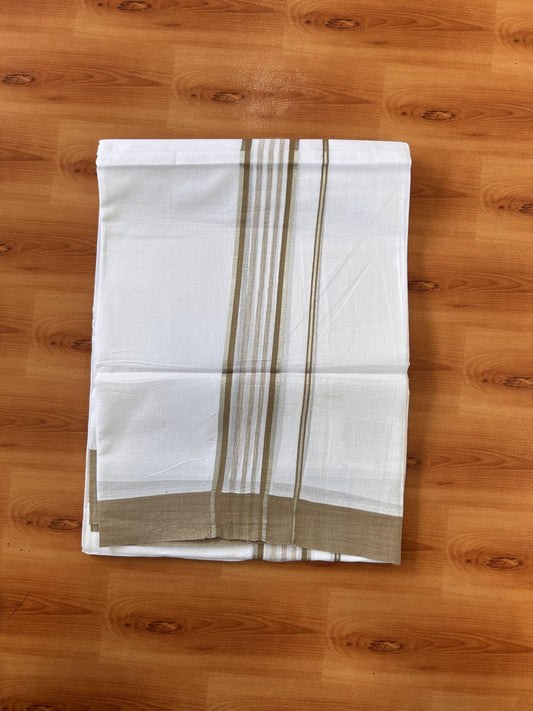 Pure White Double Mundu/Dhoti - 20% Discount ! Kaitharikada Balaramapuram 100% Cotton - 100x80 - 1.75 inch Silver Kasav & Peanut Brown Shaded Striped Kara 3.90 m (8 muzham) - 35 KK5432 PMC