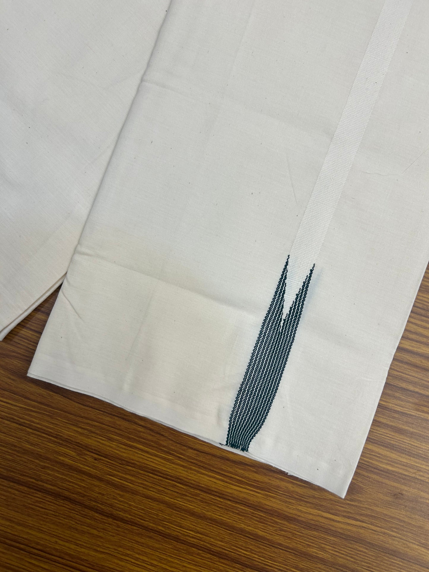 20% Discount!! KaithariKada Balaramapuram 100% Cotton Single Off White - (Unbleached) Mundu/Dhoti - Twisted 100s Thread - 0.75 inch Puliyilakkara Green Chutty Kara(2 meter / 4 muzham) - 11 KK5374 ASH