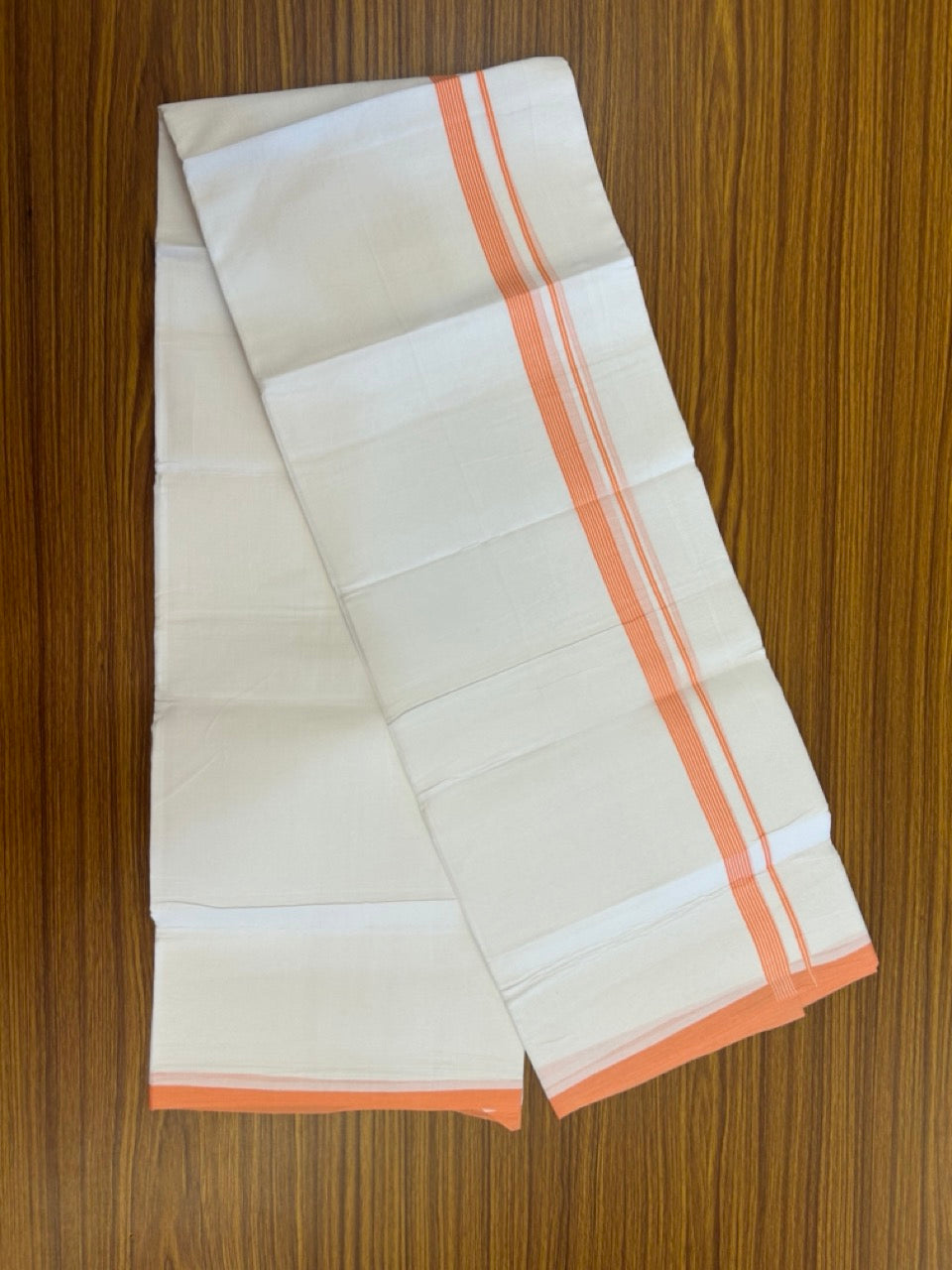 20% Discount ! Kaitharikada Balaramapuram 100% Cotton PURE WHITE Double Mundu/Dothi - 100x80 - 0.5 inch Orange Striped Kara 3.90 mtr (8 muzham) - 58 KK5294 THI