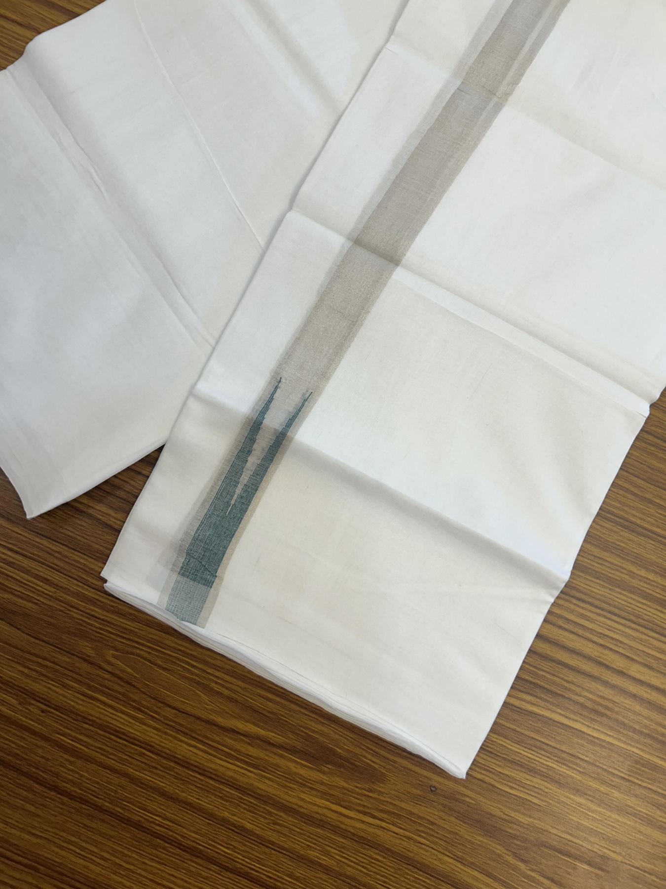 20% Discount ! Kaitharikada Balaramapuram 100% Cotton Pure White Double Mundu/Dothi - 100x80 - 1 inch Puliyilakkara Silver Kasav & Bottle Green Chutty Kara 3.90 mtr (8 muzham) - 61 KK5356 VAS