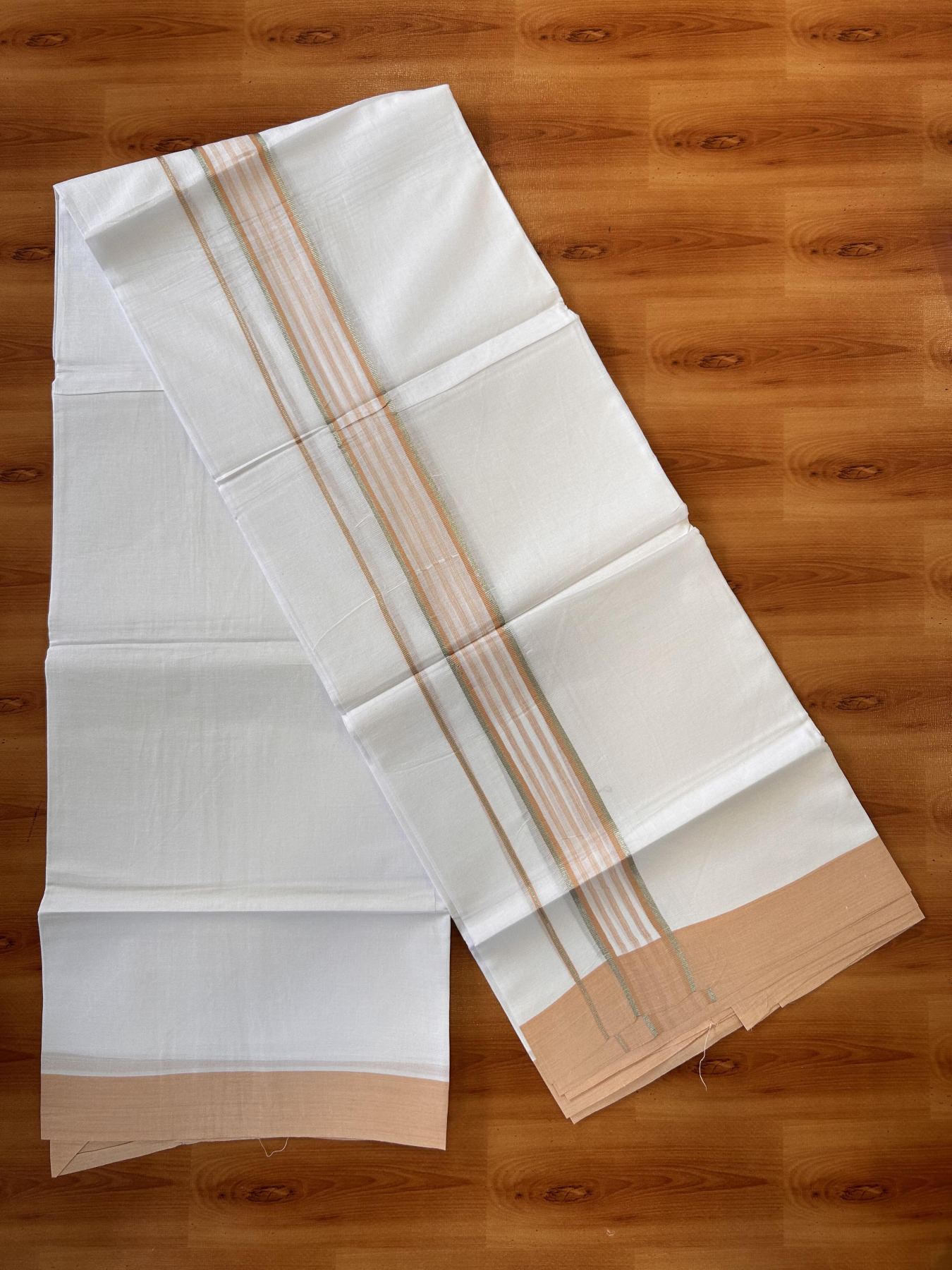 Pure White Double Mundu/Dhoti - 20% Discount ! Kaitharikada Balaramapuram 100% Cotton - 100x80 - 1.75 inch Silver Kasav & Light Orange Shaded Striped Kara 3.90 m (8 muzham) - 47 KK5432 PMC
