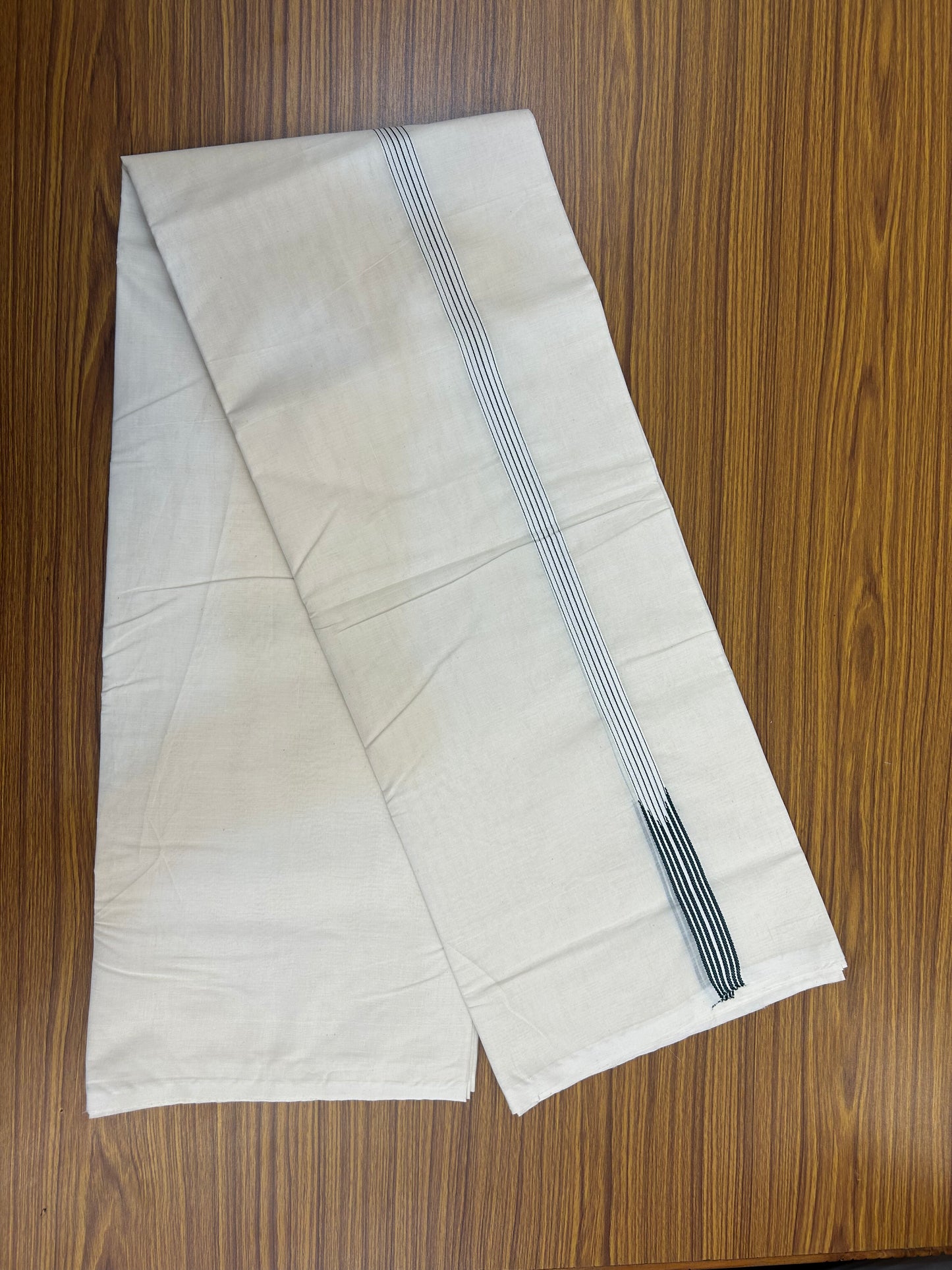20% Discount! KaithariKada Balaramapuram 100% Cotton Double Off white Mundu/Dhoti- 100x100 - 0.75 inch Puliyilakkara Dark Green 6 Line Striped Chutty Kara - 4 mtr (8.5 muzham) - 6 KK5374 ASH