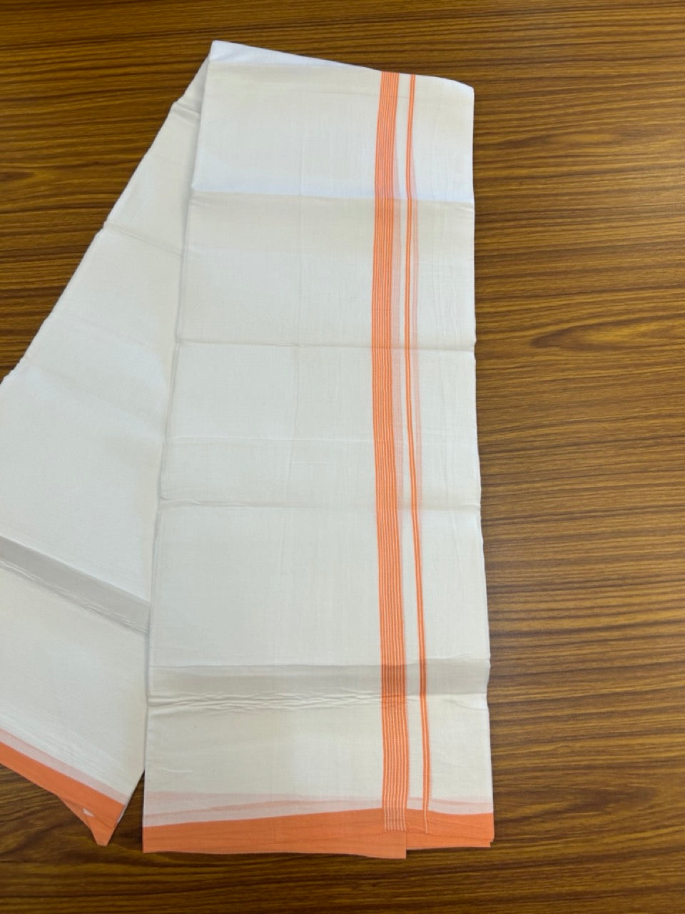 20% Discount ! Kaitharikada Balaramapuram 100% Cotton PURE WHITE Double Mundu/Dothi - 100x80 - 0.5 inch Orange Striped Kara 3.90 mtr (8 muzham) - 58 KK5294 THI