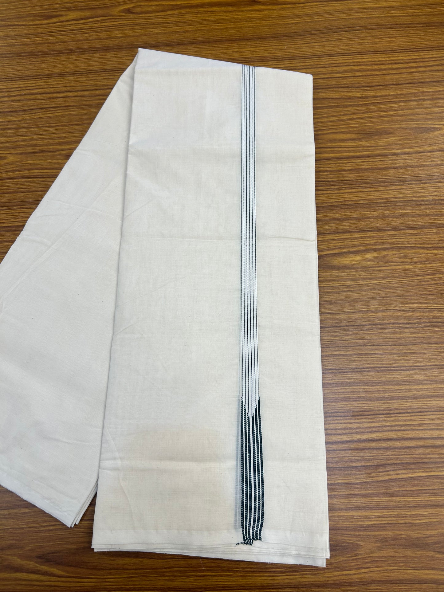 20% Discount! KaithariKada Balaramapuram 100% Cotton Double Off white Mundu/Dhoti- 100x100 - 0.75 inch Puliyilakkara Dark Green 6 Line Striped Chutty Kara - 4 mtr (8.5 muzham) - 6 KK5374 ASH