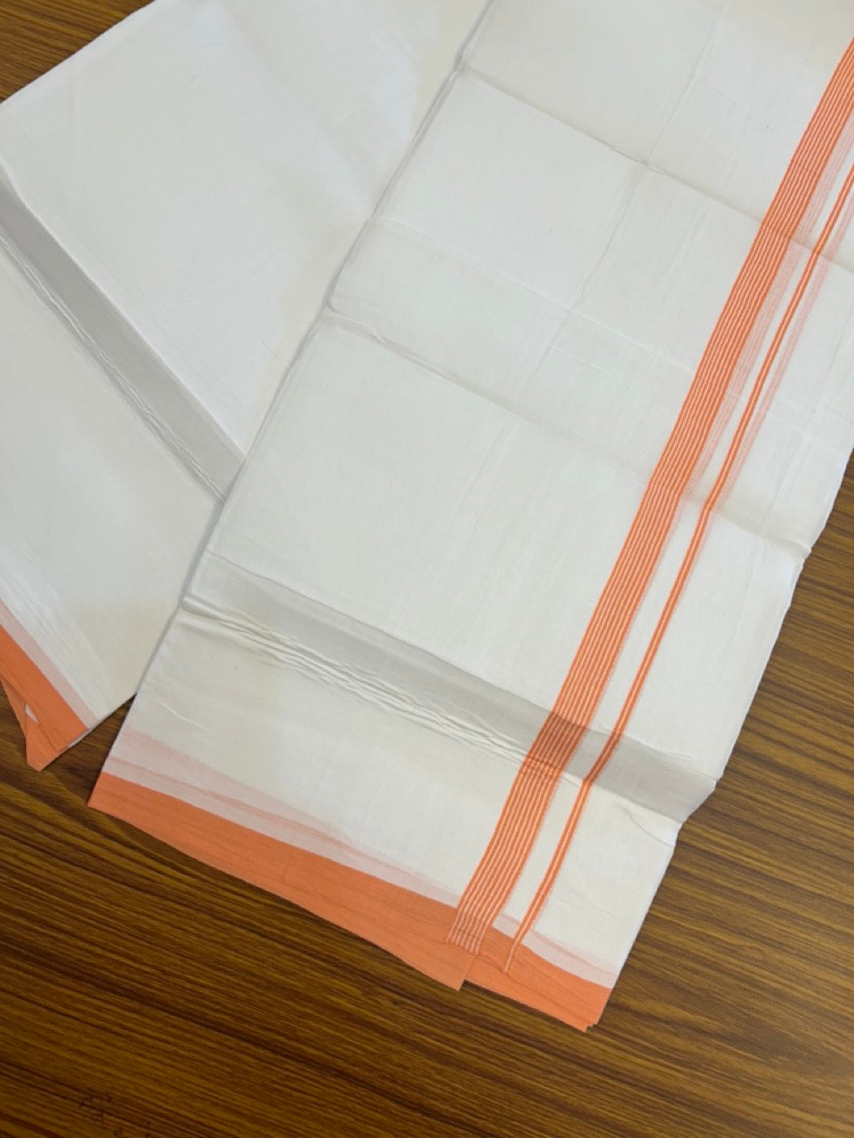 20% Discount ! Kaitharikada Balaramapuram 100% Cotton PURE WHITE Double Mundu/Dothi - 100x80 - 0.5 inch Orange Striped Kara 3.90 mtr (8 muzham) - 58 KK5294 THI