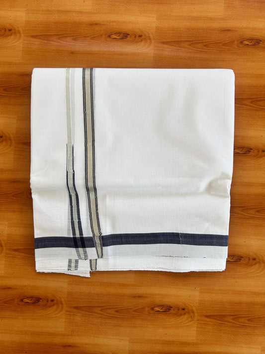 Double Pure White 25% Discount ! KaithariKada Handloom Millpaav - Kerala Handloom - 100% Pure Cotton - 80x90 - 0.5 Inch Puliyilakkara Silver Kasav & Navy Blue Chutty Kara 3.90 mtr (8.36 Muzham) - 31 KK5496 YAR