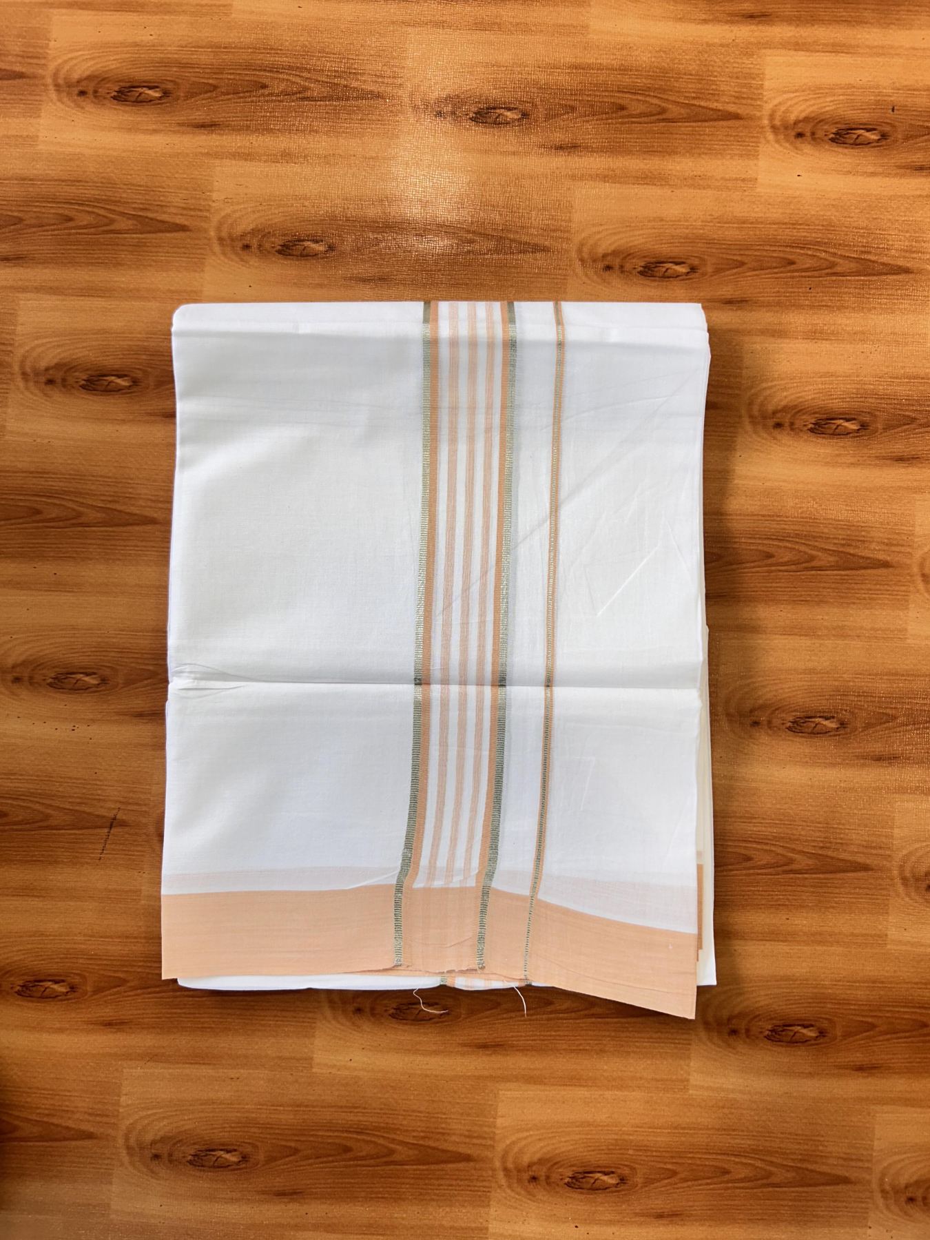 Pure White Double Mundu/Dhoti - 20% Discount ! Kaitharikada Balaramapuram 100% Cotton - 100x80 - 1.75 inch Silver Kasav & Light Orange Shaded Striped Kara 3.90 m (8 muzham) - 47 KK5432 PMC