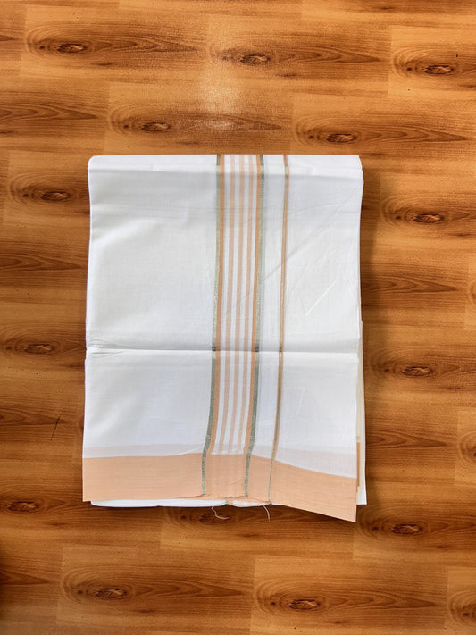 Pure White Double Mundu/Dhoti - 20% Discount ! Kaitharikada Balaramapuram 100% Cotton - 100x80 - 1.75 inch Silver Kasav & Light Orange Shaded Striped Kara 3.90 m (8 muzham) - 47 KK5432 PMC
