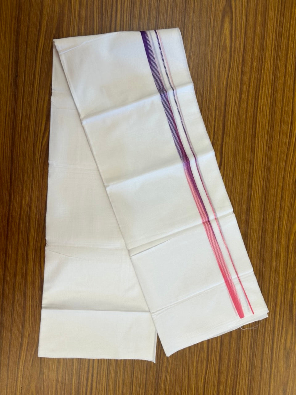 20% Discount ! Kaitharikada Balaramapuram 100% Cotton PURE WHITE Double Mundu/Dothi - 100x80 - 0.5 inch Pink & Violet Striped Kara 3.90 mtr (8 muzham) - 60 KK5294 THI