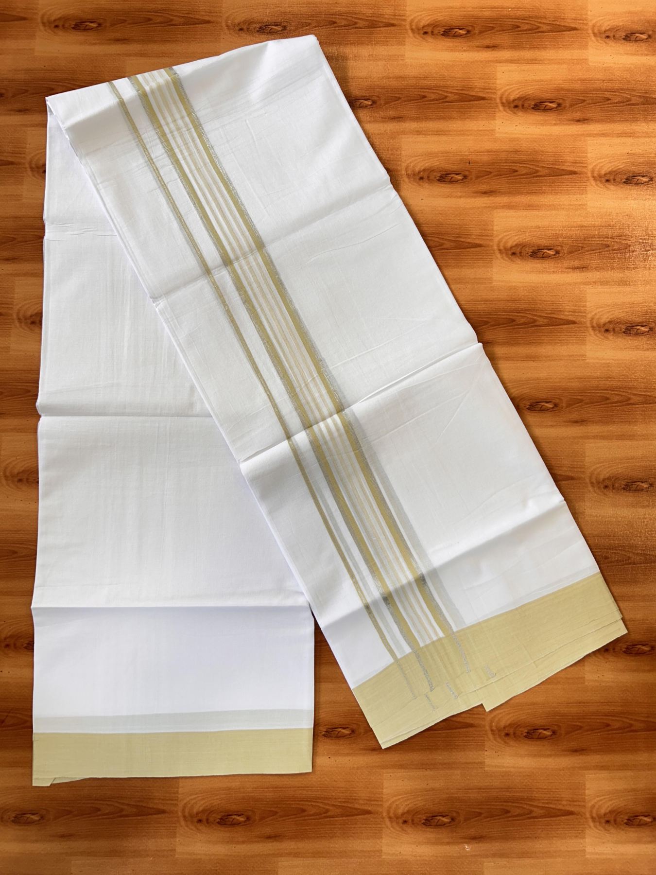 Pure White Double Mundu/Dhoti - 20% Discount ! Kaitharikada Balaramapuram 100% Cotton - 100x80 - 1.75 inch Silver Kasav & Light Pista Green Shaded Striped Kara 3.90 m (8 muzham) - 48 KK5432 PMC
