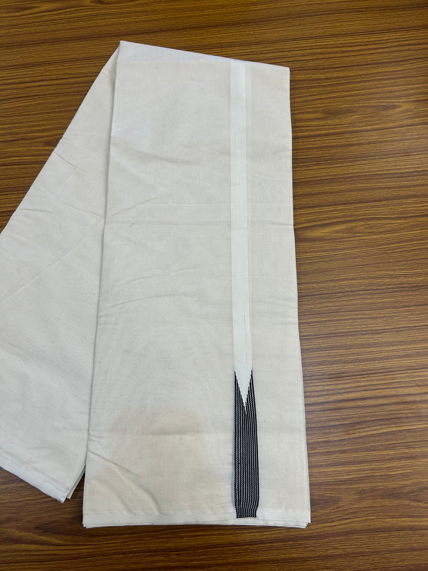 Double Off white Mundu/Dhoti - 23% Discount! KaithariKada Balaramapuram 100% Cotton - 100x100 - 0.75 inch Puliyilakkara Black Striped Chutty Kara - 4 mtr (8.5 muzham) - 5 KK5374 ASH