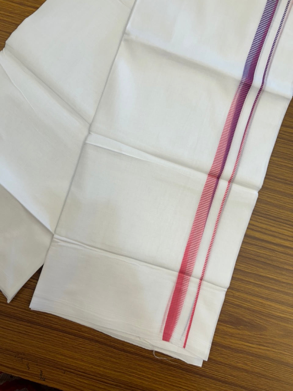 20% Discount ! Kaitharikada Balaramapuram 100% Cotton PURE WHITE Double Mundu/Dothi - 100x80 - 0.5 inch Pink & Violet Striped Kara 3.90 mtr (8 muzham) - 60 KK5294 THI