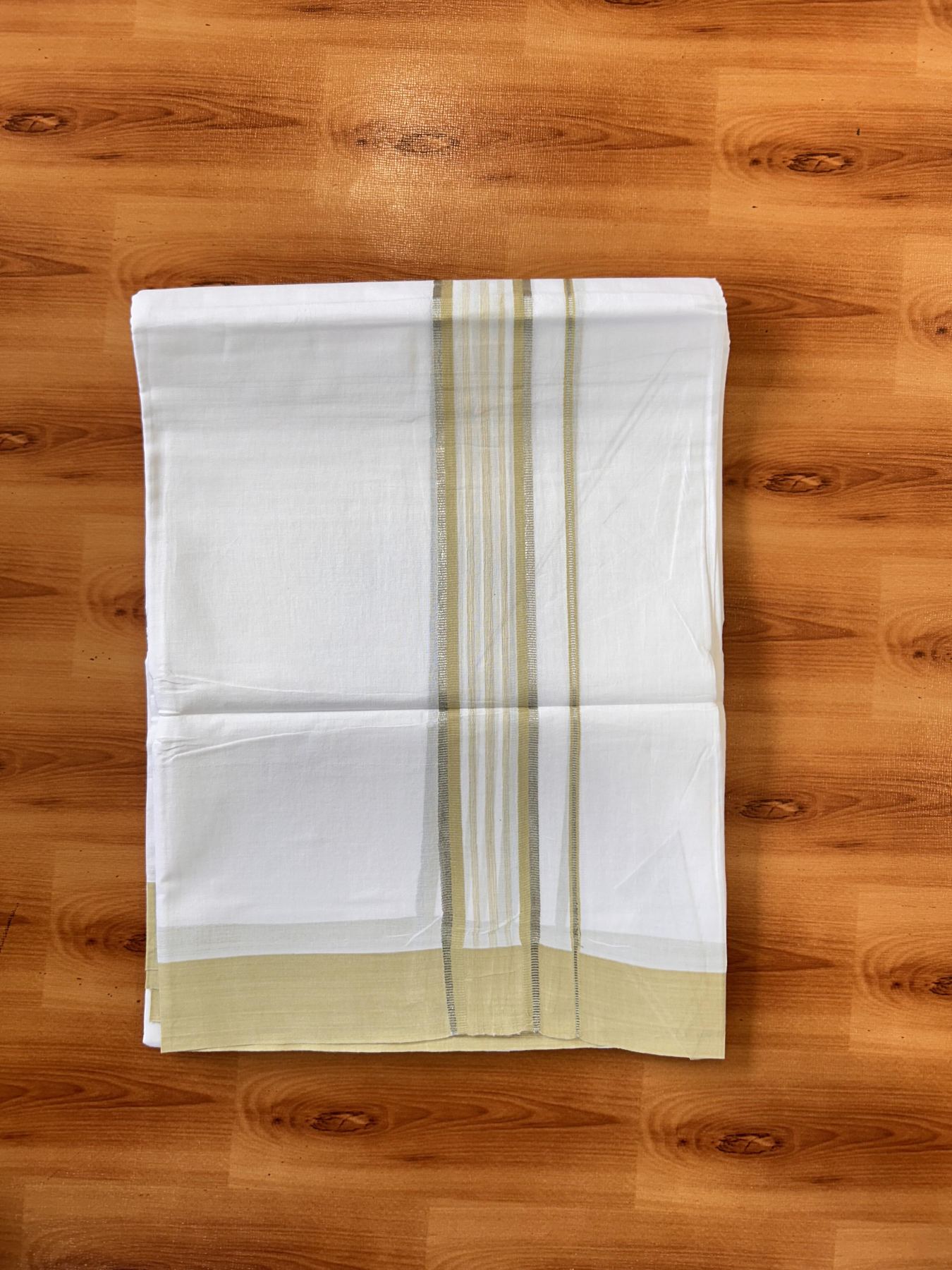 Pure White Double Mundu/Dhoti - 20% Discount ! Kaitharikada Balaramapuram 100% Cotton - 100x80 - 1.75 inch Silver Kasav & Light Pista Green Shaded Striped Kara 3.90 m (8 muzham) - 48 KK5432 PMC