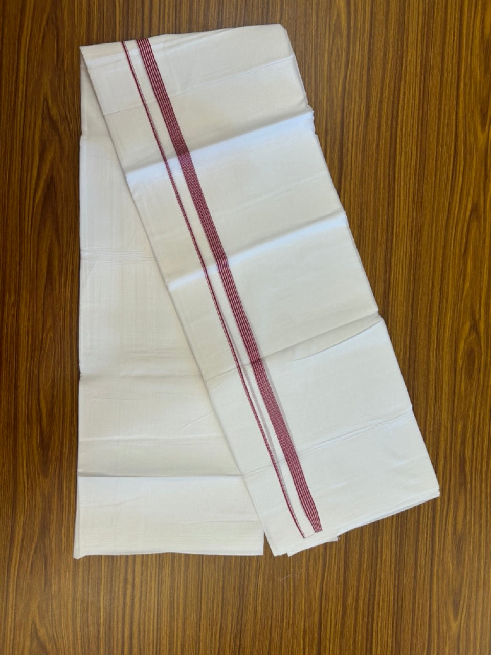20% Discount ! Kaitharikada Balaramapuram 100% Cotton PURE WHITE Double Mundu/Dothi - 100x80 - 0.5 inch Maroon Striped Kara 3.90 mtr (8 muzham) - 61 KK5294 THI