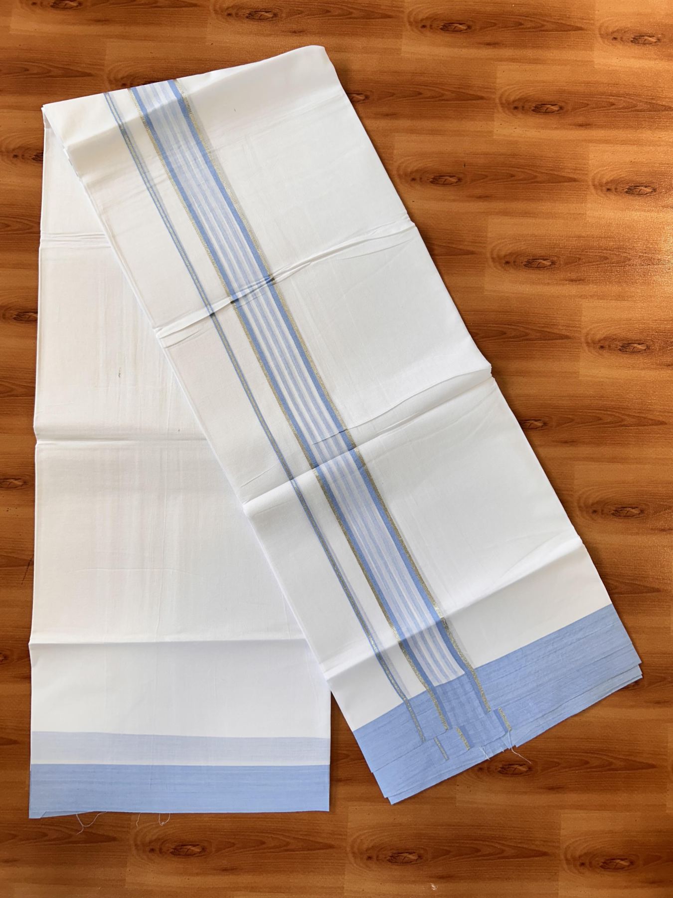 Pure White Double Mundu/Dhoti - 20% Discount ! Kaitharikada Balaramapuram 100% Cotton - 100x80 - 1.75 inch Silver Kasav & Powder Blue Shaded Striped Kara 3.90 m (8 muzham) - 49 KK5432 PMC