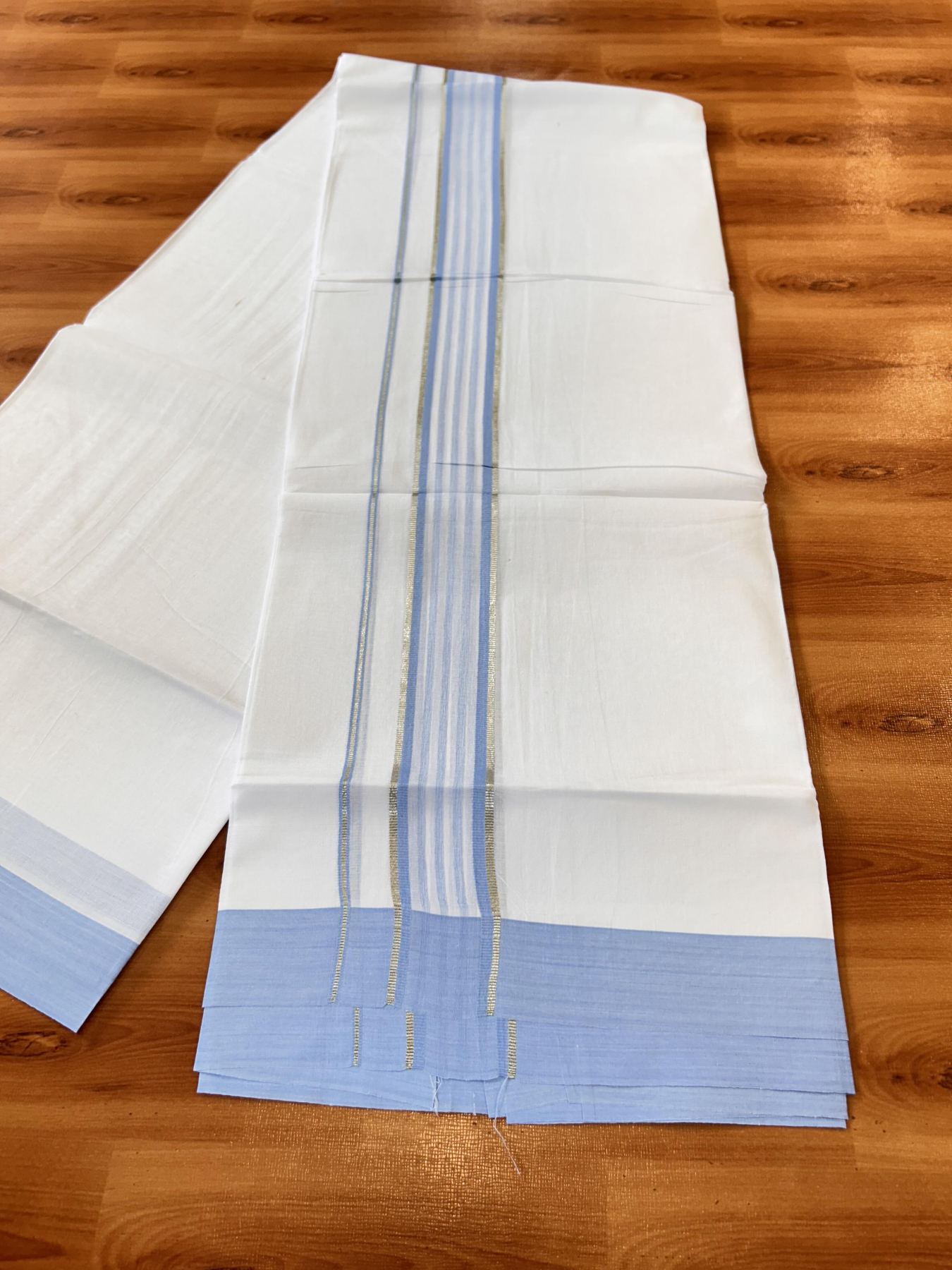 Pure White Double Mundu/Dhoti - 20% Discount ! Kaitharikada Balaramapuram 100% Cotton - 100x80 - 1.75 inch Silver Kasav & Powder Blue Shaded Striped Kara 3.90 m (8 muzham) - 49 KK5432 PMC