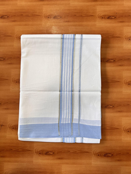Pure White Double Mundu/Dhoti - 20% Discount ! Kaitharikada Balaramapuram 100% Cotton - 100x80 - 1.75 inch Silver Kasav & Powder Blue Shaded Striped Kara 3.90 m (8 muzham) - 49 KK5432 PMC