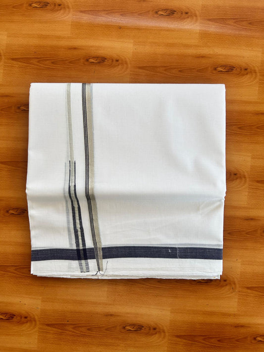 Double Pure White 25% Discount ! KaithariKada Handloom Millpaav - Kerala Handloom - 100% Pure Cotton - 80x90 - 0.5 Inch Puliyilakkara Silver Kasav & Navy Blue Chutty Kara 3.90 mtr (8.36 Muzham) - 32 KK5496 YAR