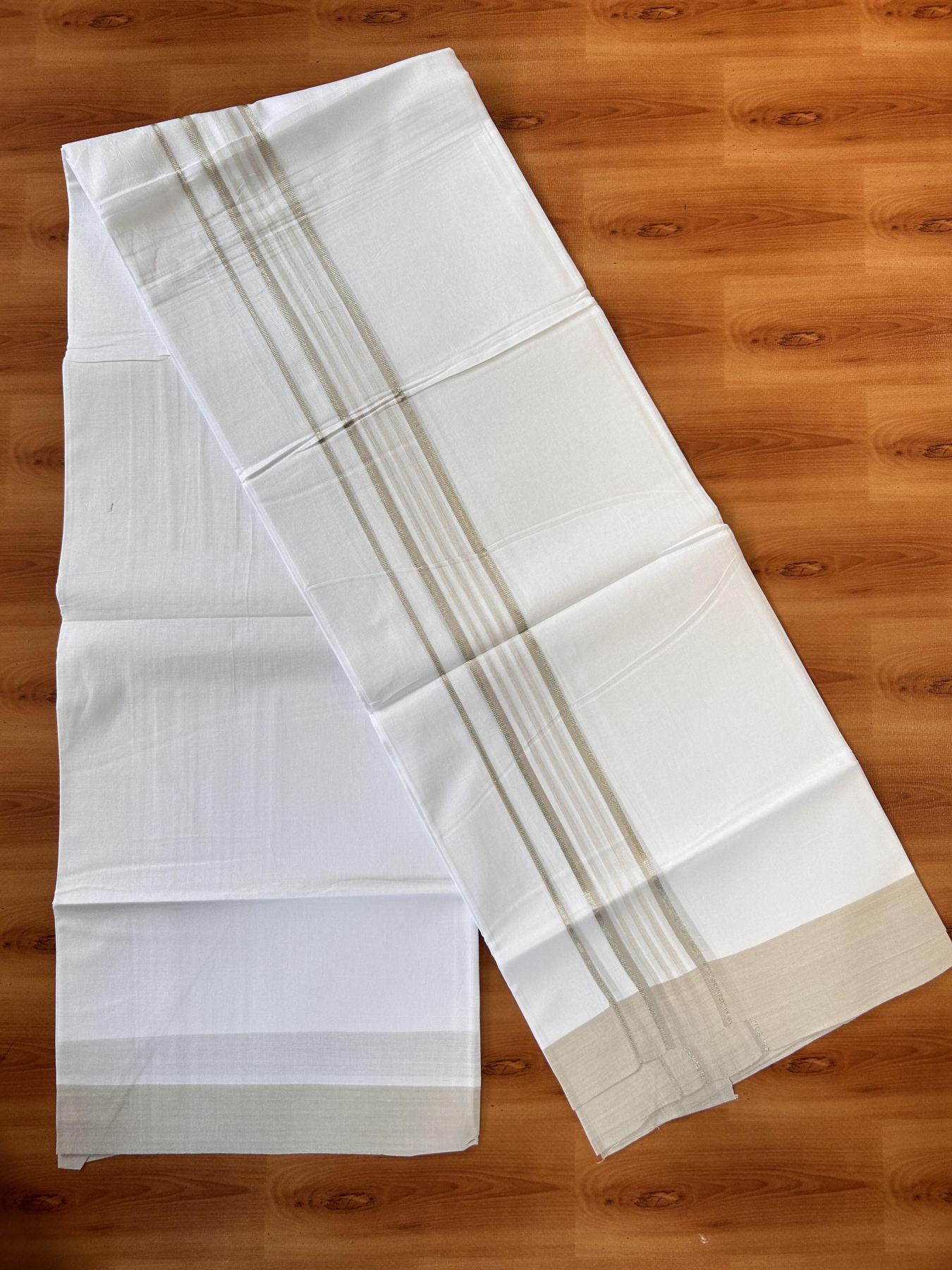 Pure White Double Mundu/Dhoti - 20% Discount ! Kaitharikada Balaramapuram 100% Cotton - 100x80 - 1.75 inch Silver Kasav & Light Beige Shaded Striped Kara 3.90 m (8 muzham) - 42 KK5432 PMC
