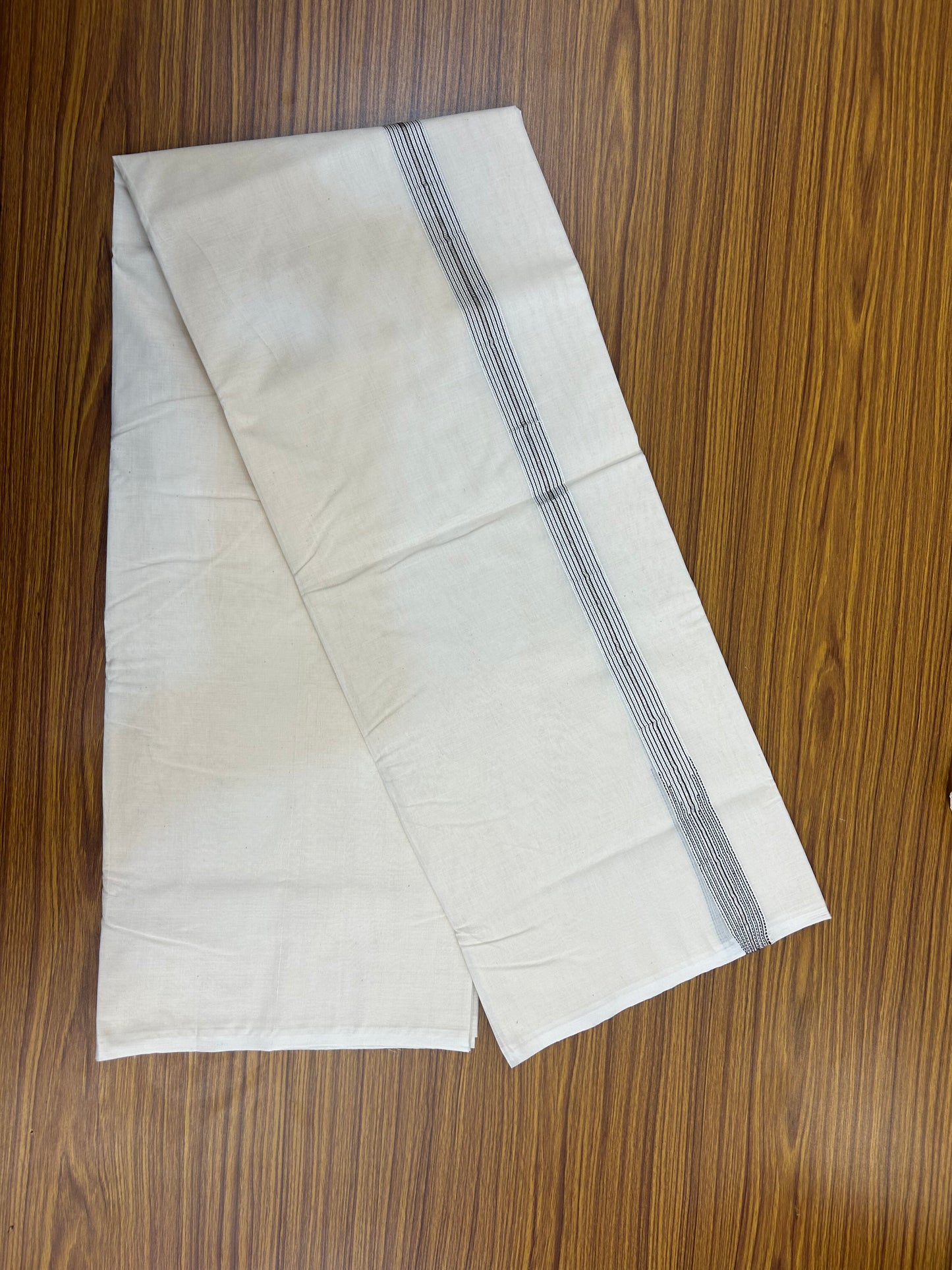 20% Discount! KaithariKada Balaramapuram 100% Cotton Double Off white Mundu/Dhoti- 100x100 - 1 inch Puliyilakkara Silver Kasav & Black Striped Chutty Kara - 4 mtr (8.5 muzham) - 4 KK5374 ASH