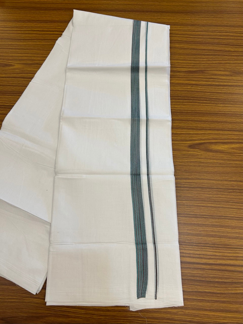 20% Discount ! Kaitharikada Balaramapuram 100% Cotton PURE WHITE Double Mundu/Dothi - 100x80 - 0.75 inch Green & Brown Striped Kara 3.90 mtr (8 muzham) - 62 KK5294 THI