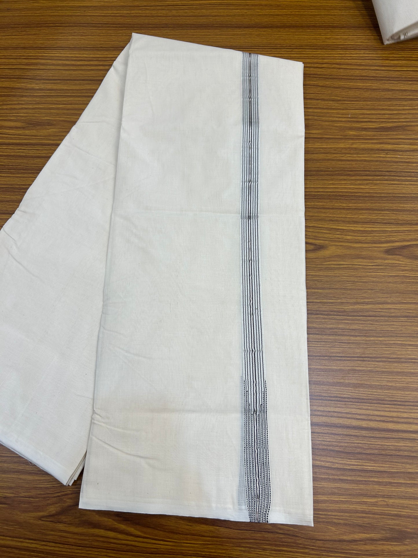 20% Discount! KaithariKada Balaramapuram 100% Cotton Double Off white Mundu/Dhoti- 100x100 - 1 inch Puliyilakkara Silver Kasav & Black Striped Chutty Kara - 4 mtr (8.5 muzham) - 4 KK5374 ASH