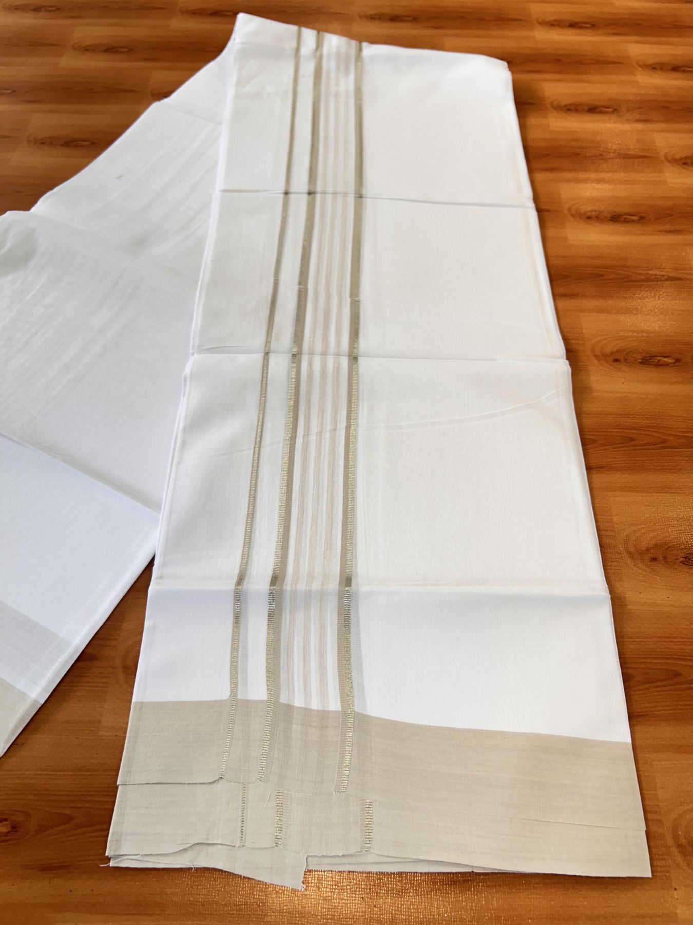 Pure White Double Mundu/Dhoti - 20% Discount ! Kaitharikada Balaramapuram 100% Cotton - 100x80 - 1.75 inch Silver Kasav & Light Beige Shaded Striped Kara 3.90 m (8 muzham) - 42 KK5432 PMC