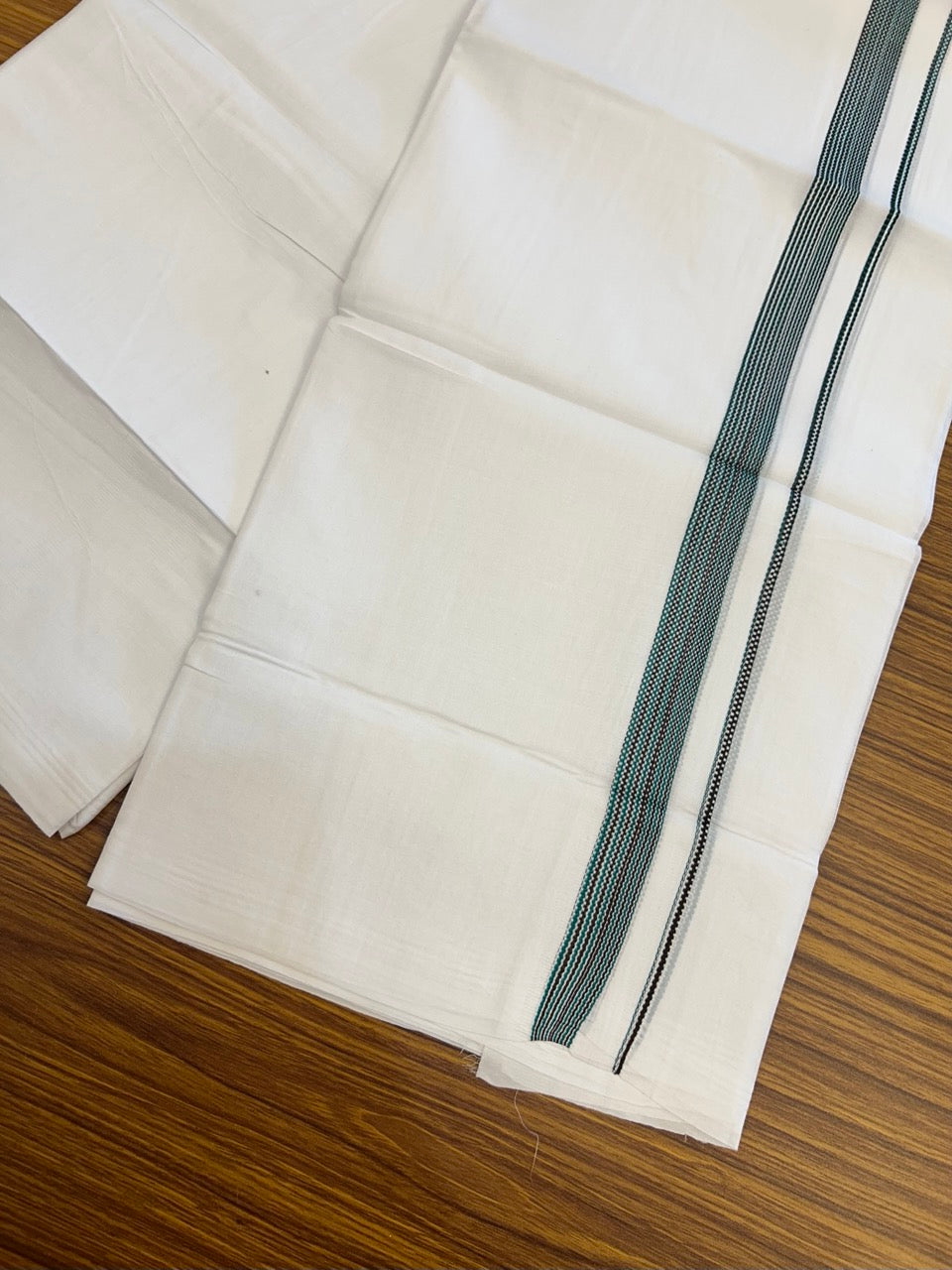 20% Discount ! Kaitharikada Balaramapuram 100% Cotton PURE WHITE Double Mundu/Dothi - 100x80 - 0.75 inch Green & Brown Striped Kara 3.90 mtr (8 muzham) - 62 KK5294 THI