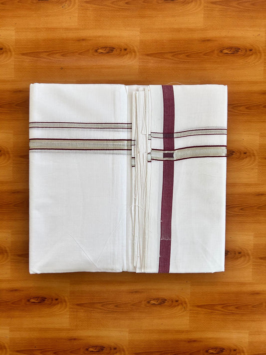 Double Pure White 25% Discount ! KaithariKada Handloom Millpaav - Kerala Handloom - 100% Pure Cotton - 80x90 - 0.5 Inch Silver Kasav & Maroon Kara 3.90 mtr (8.36 Muzham) - 34 KK5496 YAR