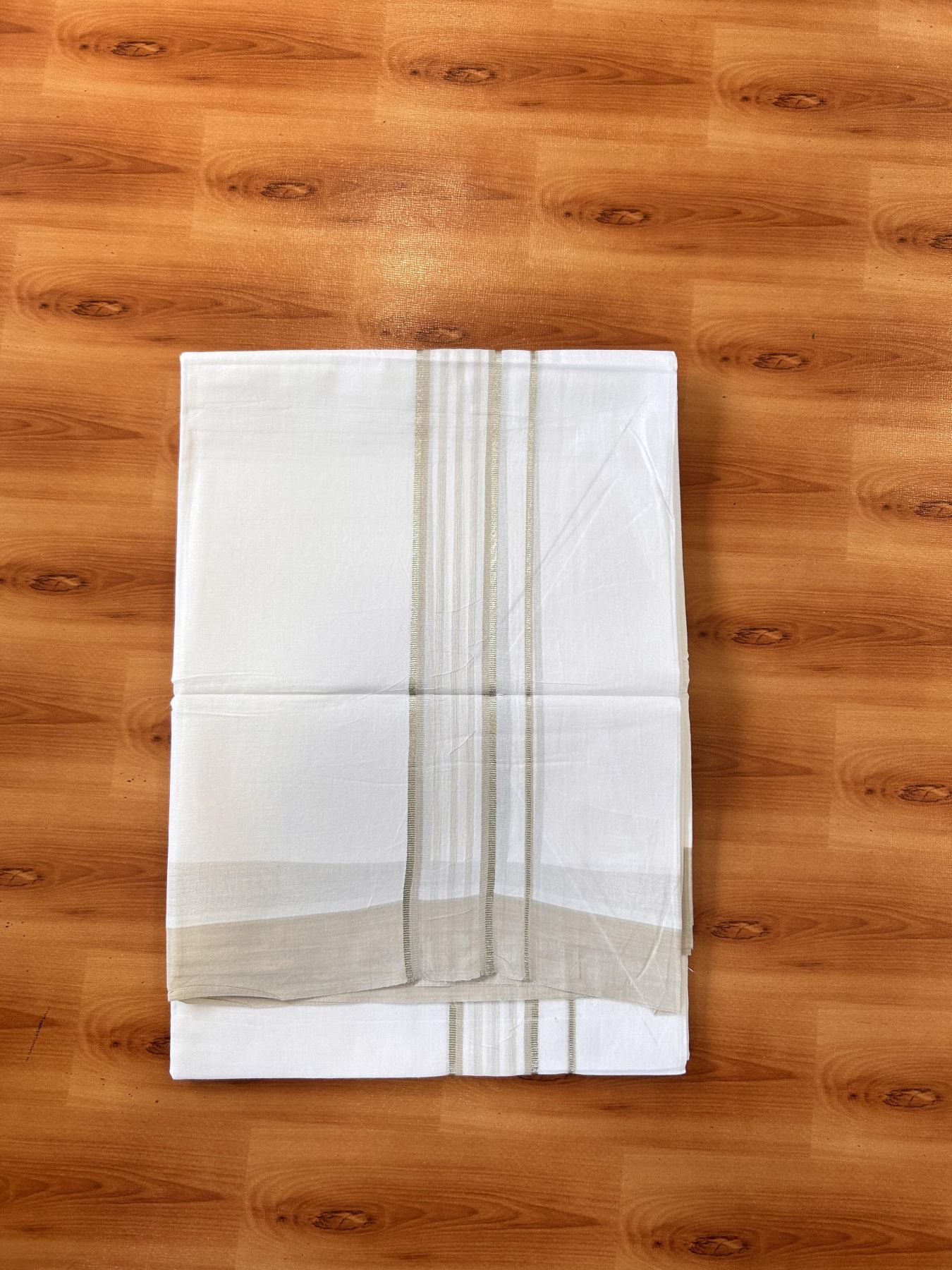 Pure White Double Mundu/Dhoti - 20% Discount ! Kaitharikada Balaramapuram 100% Cotton - 100x80 - 1.75 inch Silver Kasav & Light Beige Shaded Striped Kara 3.90 m (8 muzham) - 42 KK5432 PMC