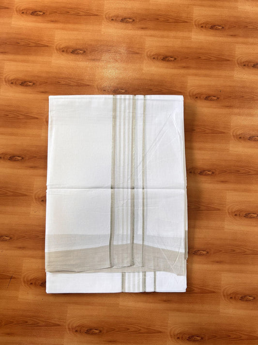 Pure White Double Mundu/Dhoti - 20% Discount ! Kaitharikada Balaramapuram 100% Cotton - 100x80 - 1.75 inch Silver Kasav & Light Beige Shaded Striped Kara 3.90 m (8 muzham) - 42 KK5432 PMC