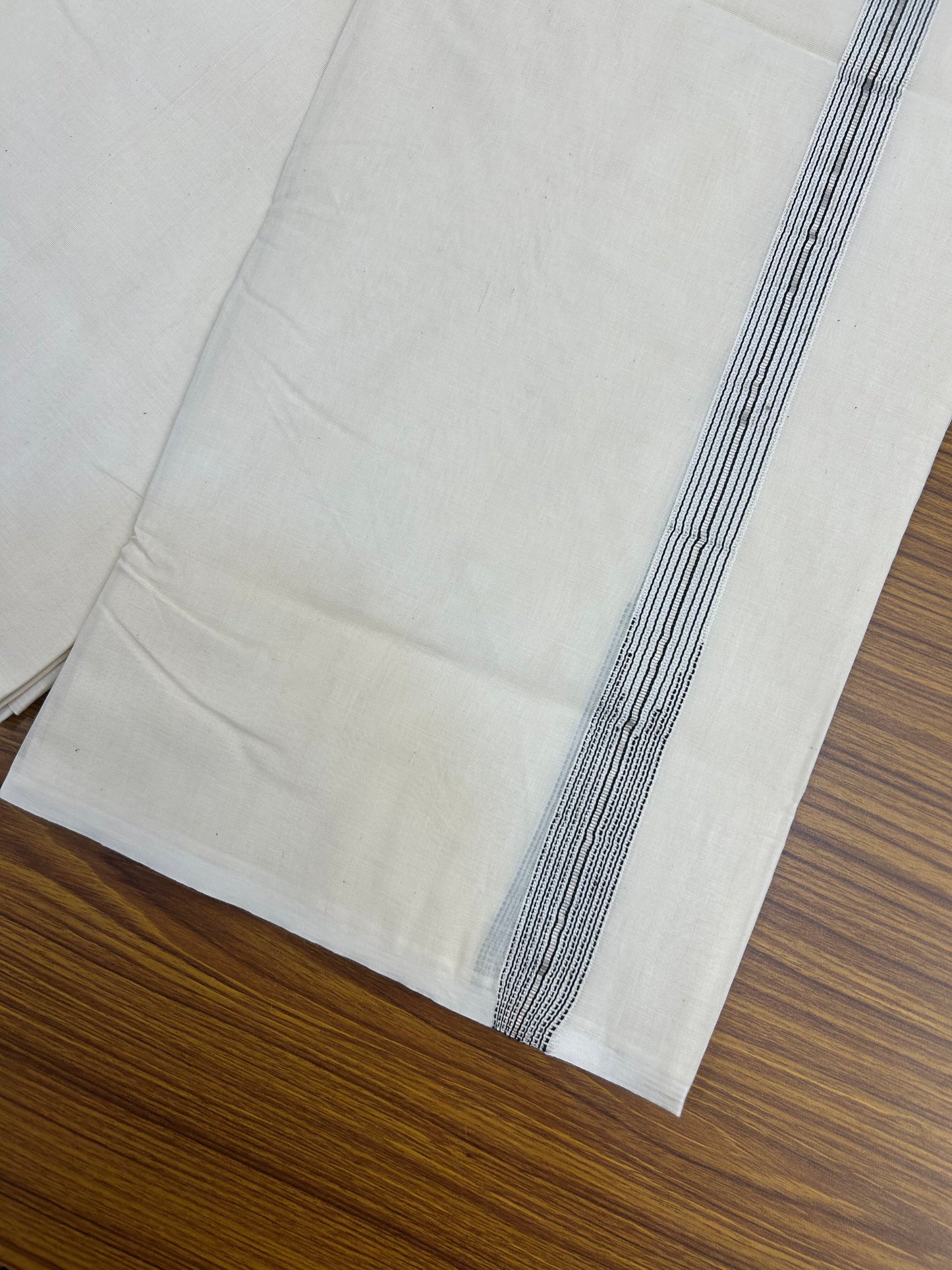 20% Discount! KaithariKada Balaramapuram 100% Cotton Double Off white Mundu/Dhoti- 100x100 - 1 inch Puliyilakkara Silver Kasav & Black Striped Chutty Kara - 4 mtr (8.5 muzham) - 4 KK5374 ASH