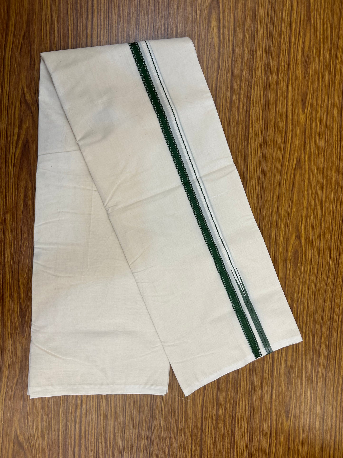 23% Discount! KaithariKada Balaramapuram 100% Cotton Double Off white Mundu/Dhoti- 100x100 - 0.75 inch Puliyilakkara Green Chutty Kara - 4 mtr (8.5 muzham) - 1 KK5374 ASH
